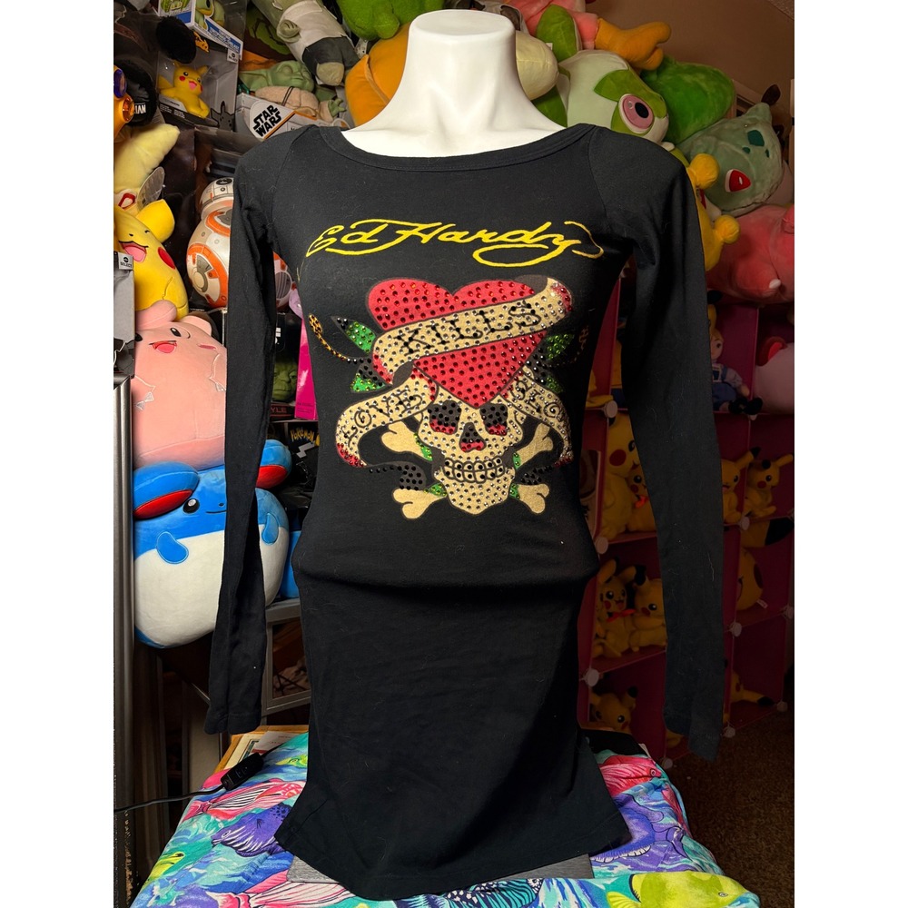 Y2K Vintage Ed Hardy Christian Audigier Love Kills Slowly Mini Dress Black XS #5